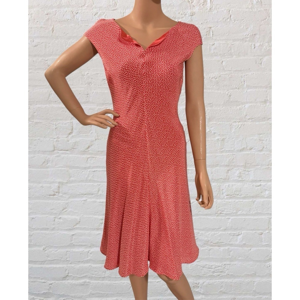 St. John Womens 2 Swing Dress Coral Red White Polka Dot Cap Sleeve Silk Blend